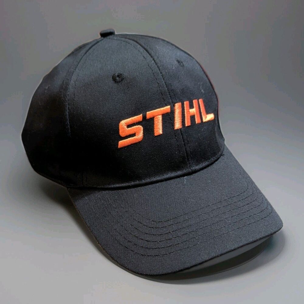 Stihl Chainsaw Power Tools Embroidered Black Snapback Hat Safety Orange Logo